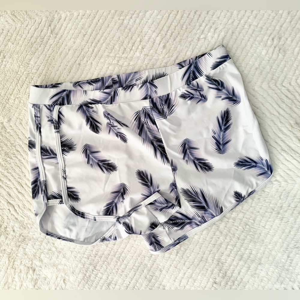 White Stretchy Feather-Print Swim Shorts